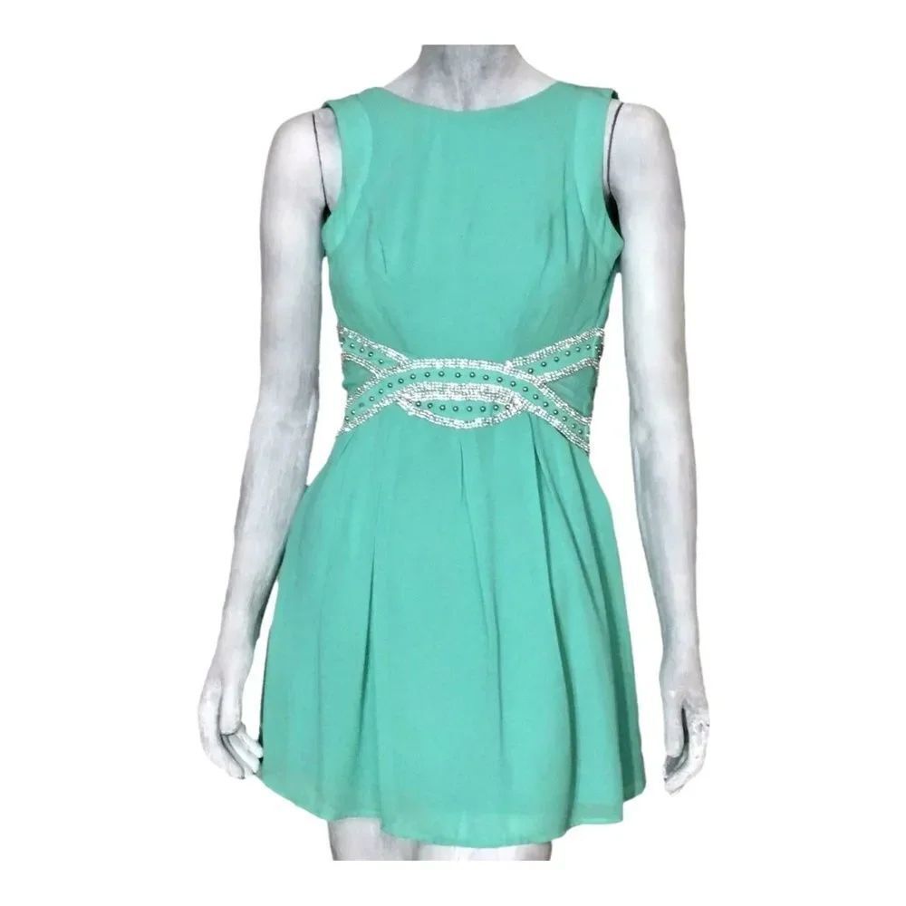 Crystal Doll Womens Mini Dress A-line Blue Chiffon Rhinestones Sleeveless Jrs 1